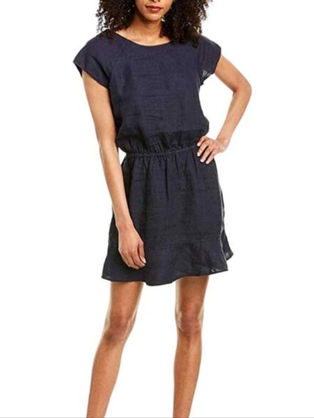 Joie Quora LINEN Mini Dress Size XL Black Blouson Cap Sleeve Ruffle Hem Parisian